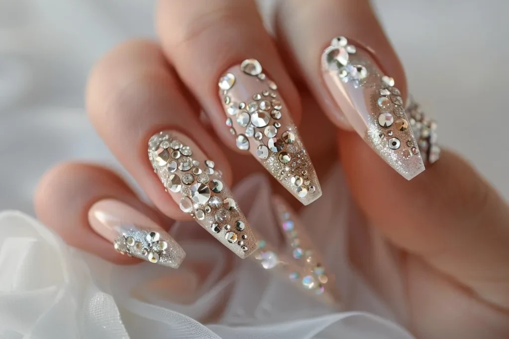 nail art com pedrarias brilhantes e acabamento transparente