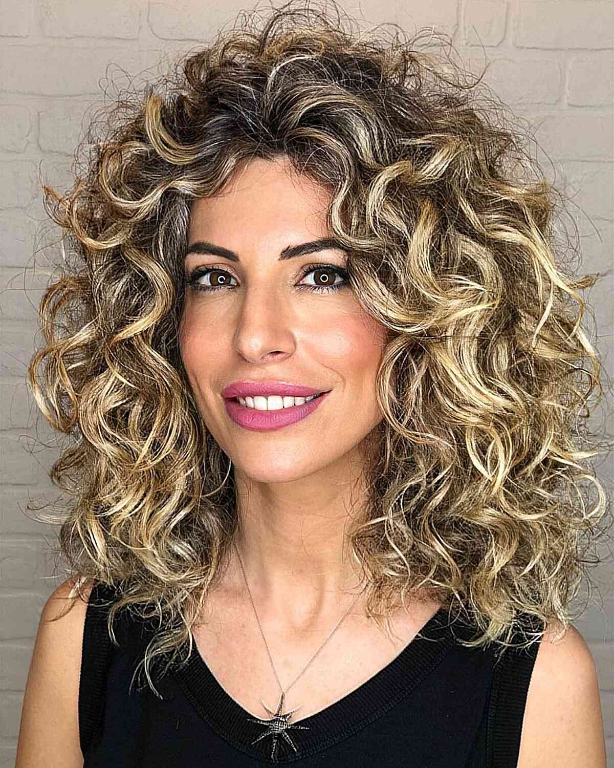 mulher com cachos com mechas loiras