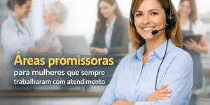 Mulher sorridente com fone de ouvido destacando oportunidades profissionais para atendimento