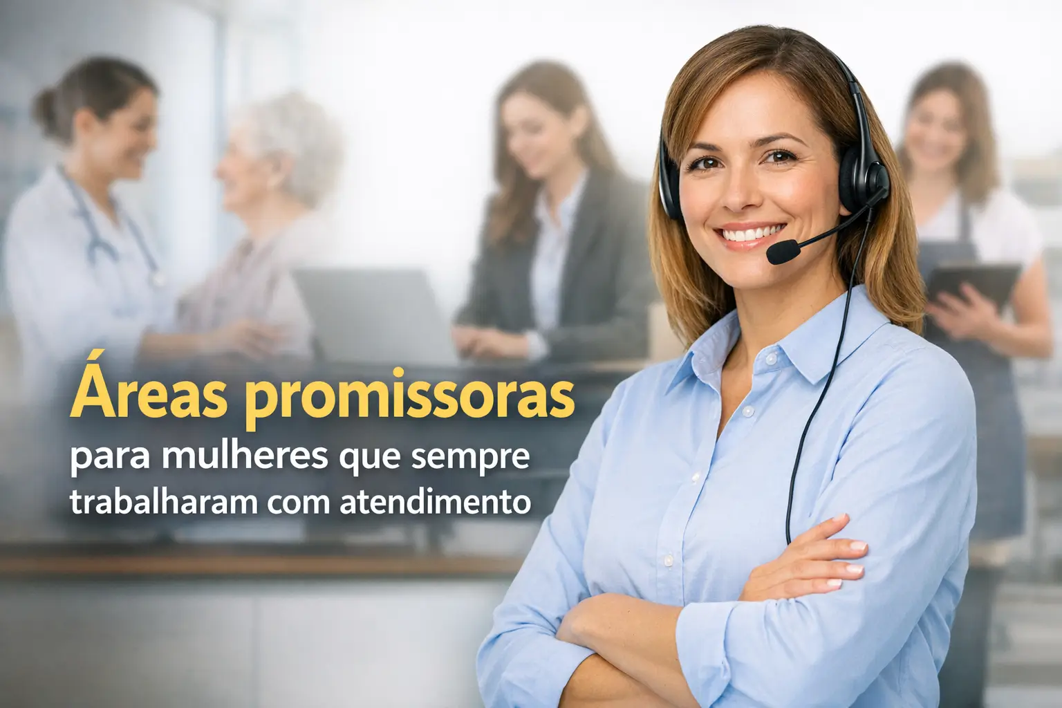 Mulher sorridente com fone de ouvido destacando oportunidades profissionais para atendimento