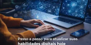 Pessoa digitando em laptop com ícones digitais ao fundo sobre educação financeira