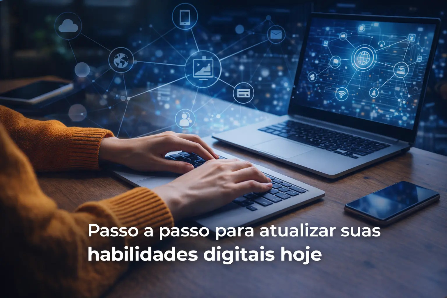 Pessoa digitando em laptop com ícones digitais ao fundo sobre educação financeira