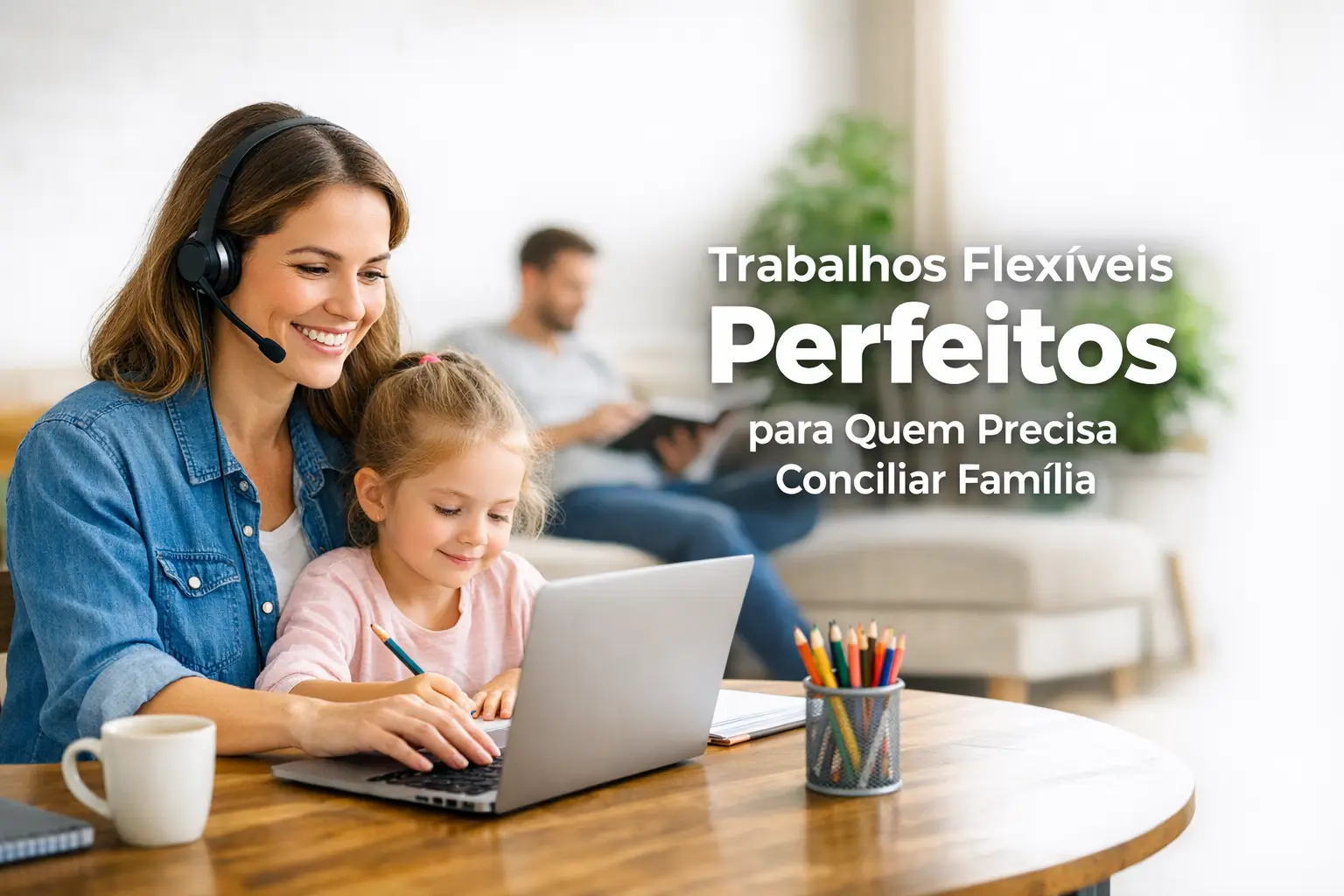 Mulher alegre usando headset e laptop com a filha aprendendo e pai ao fundo lendo.