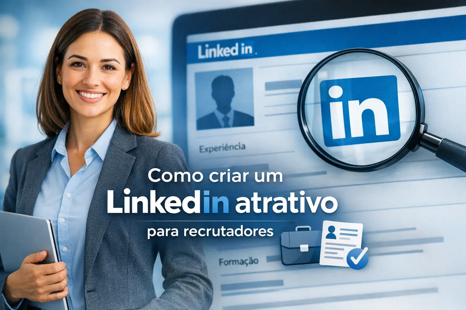 Mulher segura notebook com LinkedIn no fundo. Texto: Como criar um LinkedIn atrativo para recrutadores.