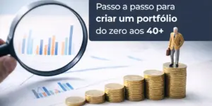 Criação de portfólio financeiro com gráficos e moedas empilhadas.
