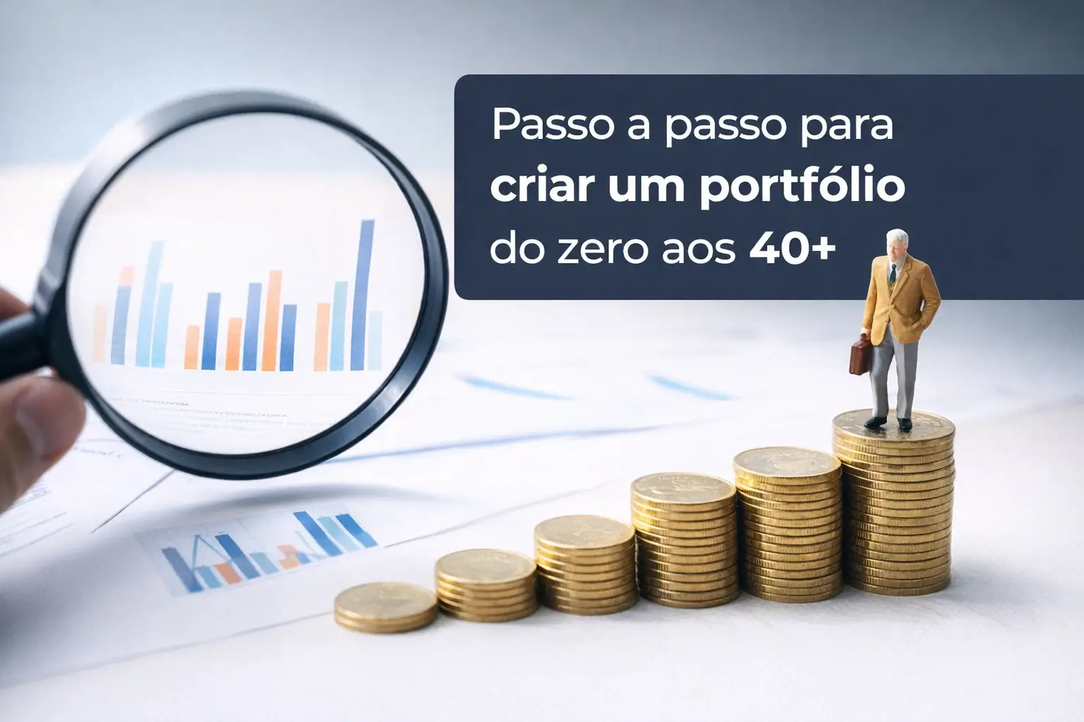 Criação de portfólio financeiro com gráficos e moedas empilhadas.