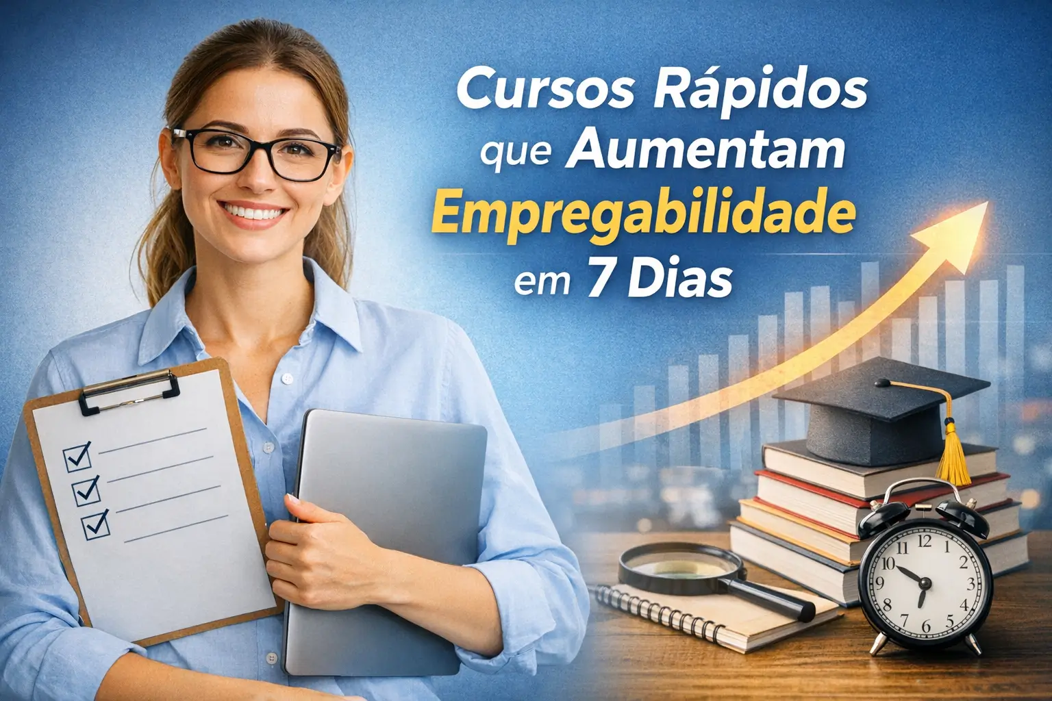 Mulher sorridente com óculos, lista de tarefas, laptop e texto sobre cursos rápidos 2026