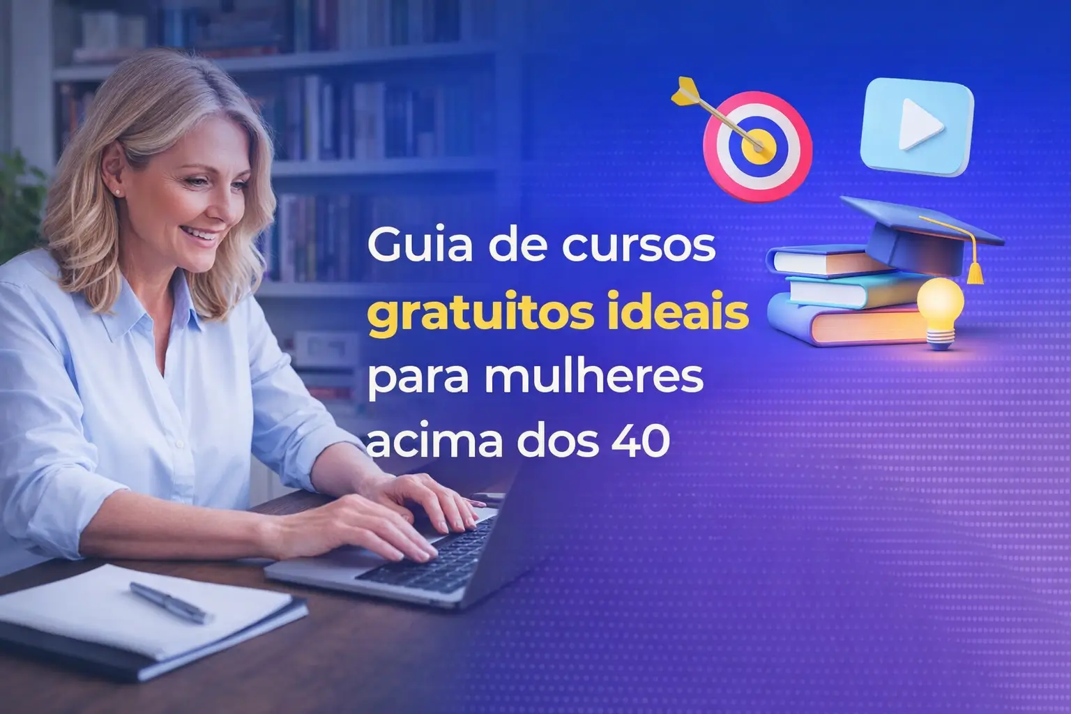 Mulher digitando sorridente em guia de cursos para mulheres acima dos 40.