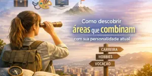 Pessoa com mochila e telescópio explorando paisagem com ícones de carreira e vocação