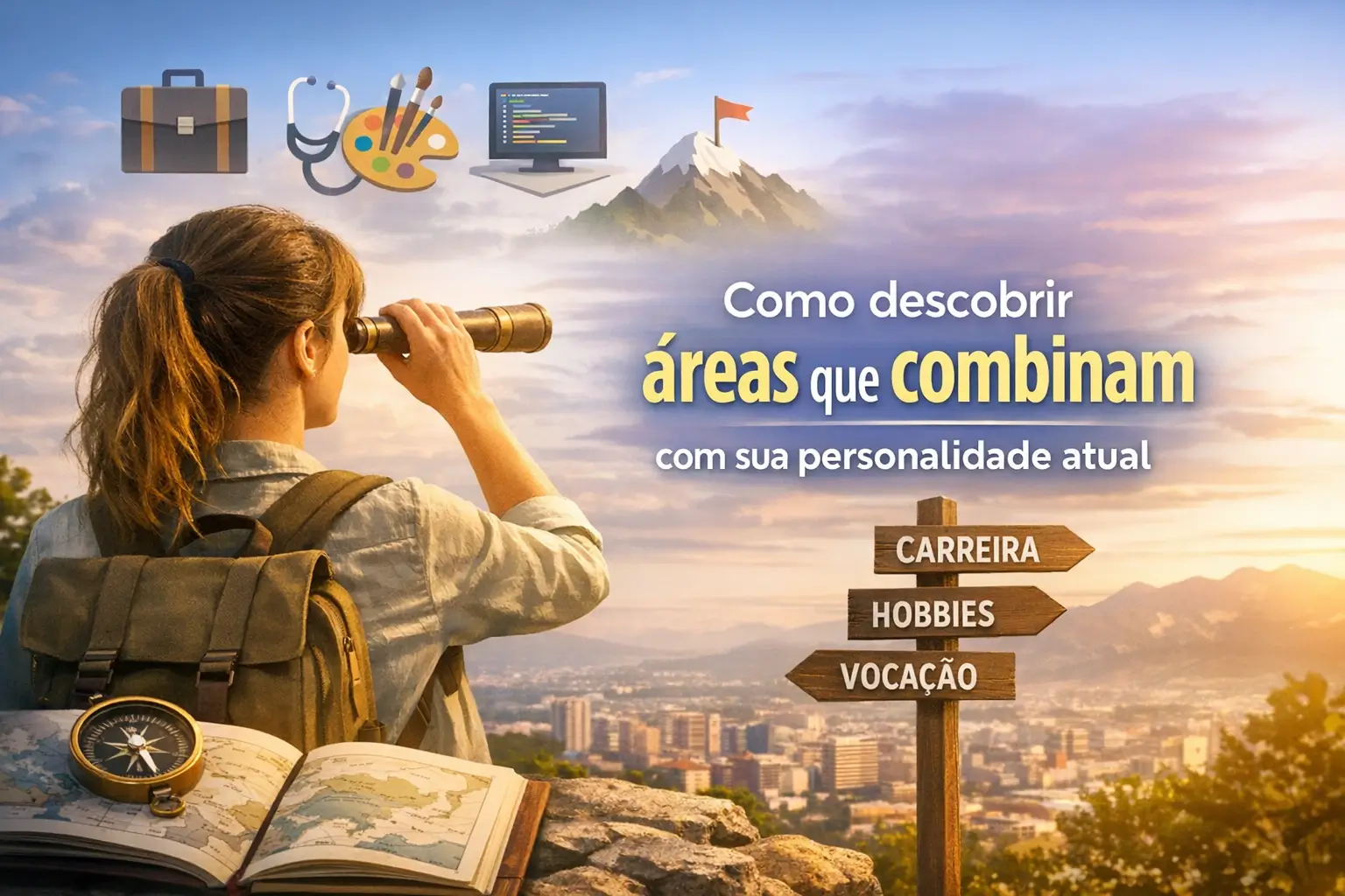 Pessoa com mochila e telescópio explorando paisagem com ícones de carreira e vocação