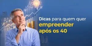 Homem pensativo com camisa azul claro e gráfico de barras e moedas ao fundo