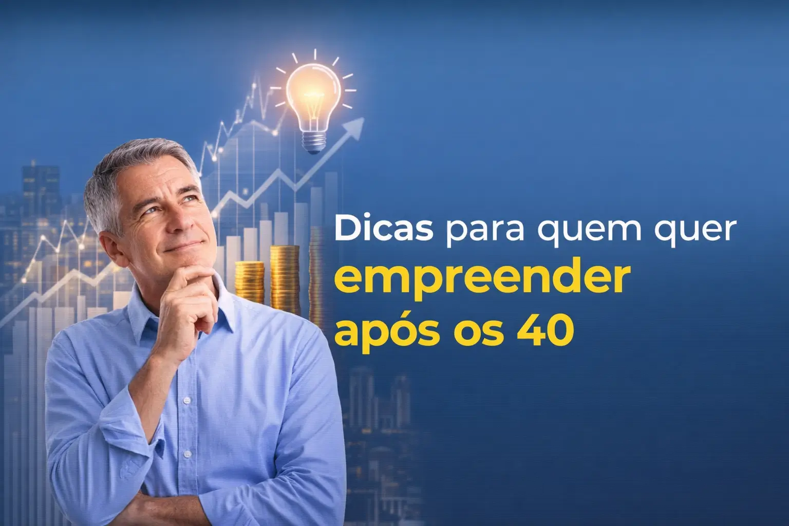 Homem pensativo com camisa azul claro e gráfico de barras e moedas ao fundo