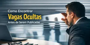 Homem de terno olhando entre persianas com texto 'Como Encontrar Vagas Ocultas Antes de Serem Publicadas'