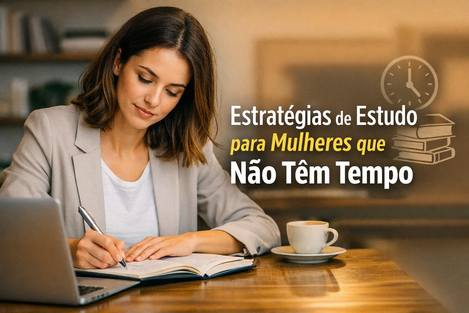 Mulher jovem escreve em caderno ao lado de laptop e café, estratégias de estudo para mulheres ocupadas.
