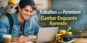 Jovem com laptop, anotações e moedas simbolizando estudos e finanças.