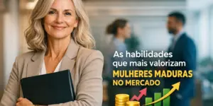 Mulher madura com portfólio, texto sobre mercado e habilidades valorizadas