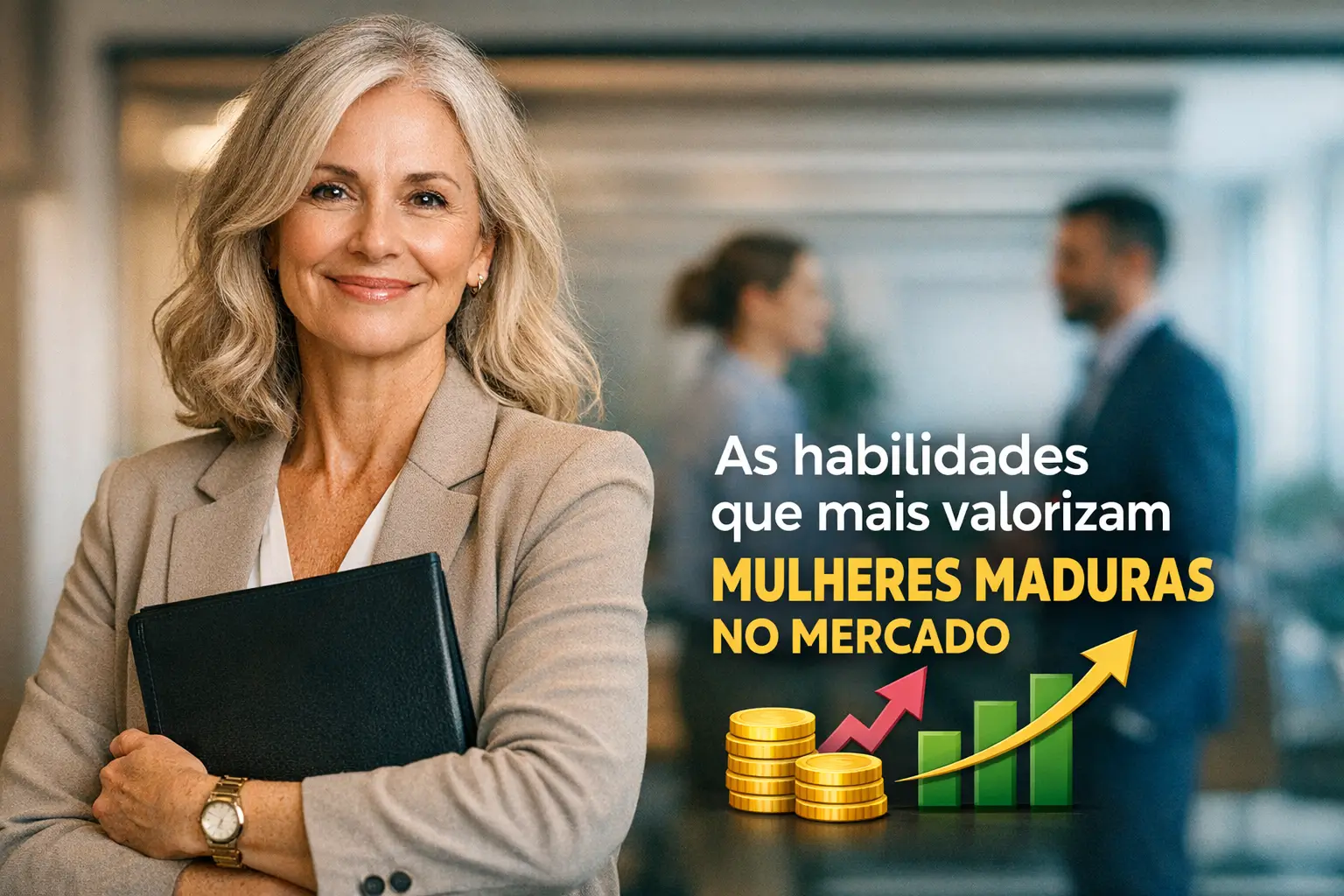 Mulher madura com portfólio, texto sobre mercado e habilidades valorizadas