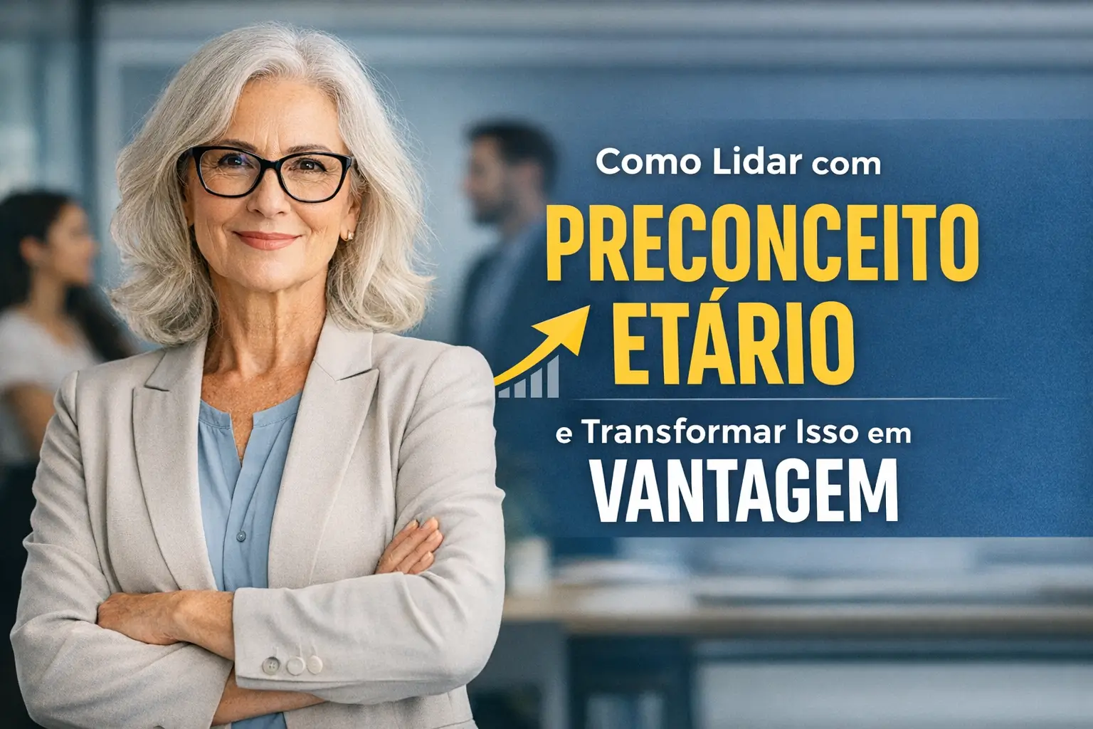 Mulher profissional confiante com cabelo prateado em ambiente de negócios