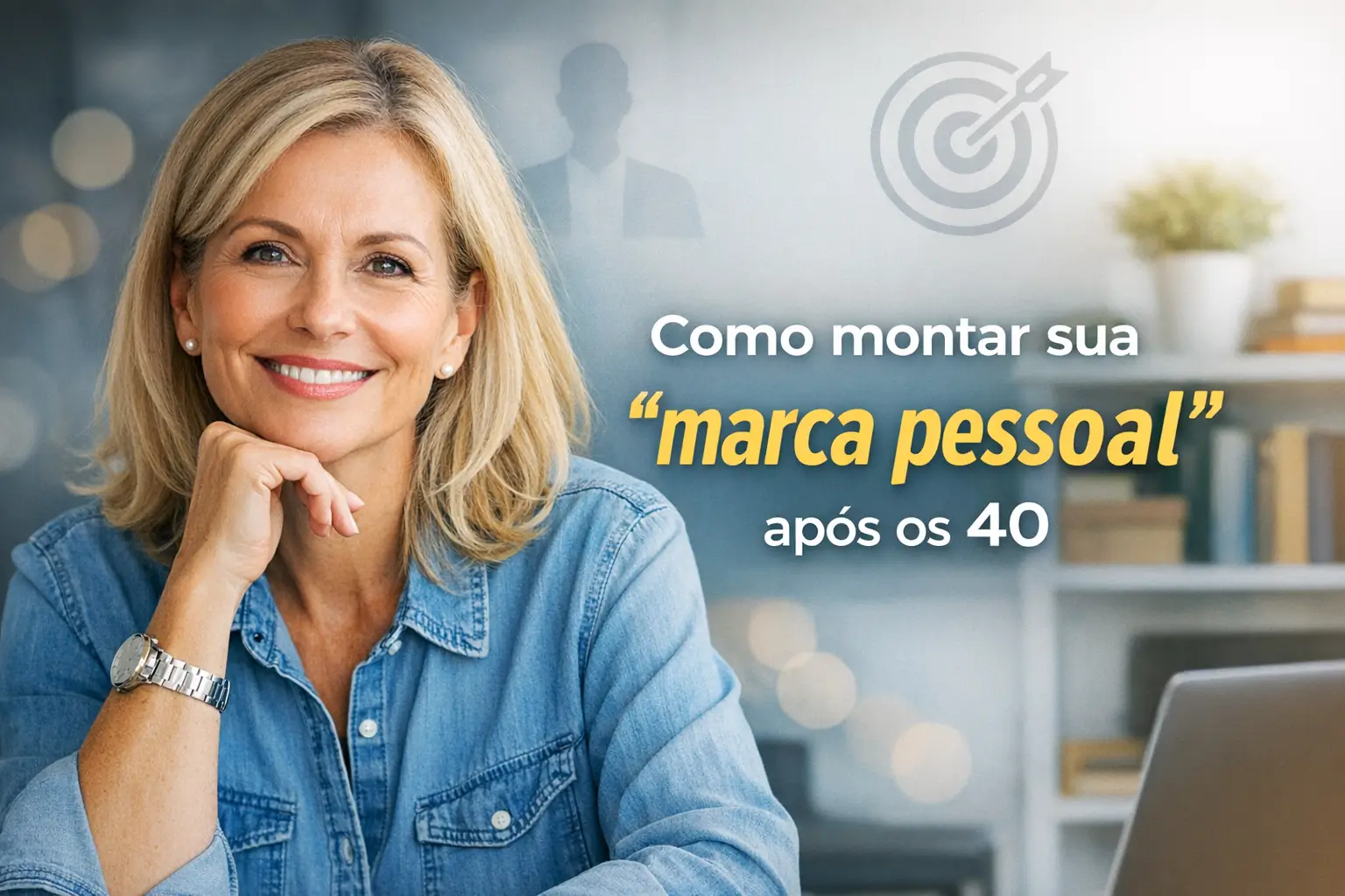 Mulher sorridente com texto 'Como montar sua marca pessoal após os 40' ao lado.