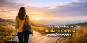 Mulher de suéter amarelo caminhando com mala e paisagem ao pôr do sol