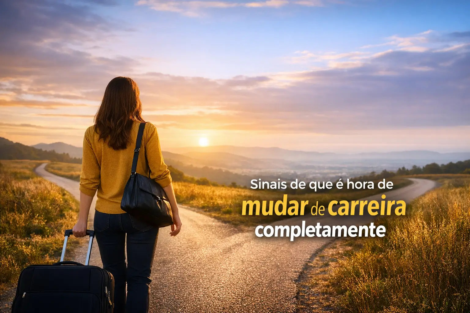Mulher de suéter amarelo caminhando com mala e paisagem ao pôr do sol