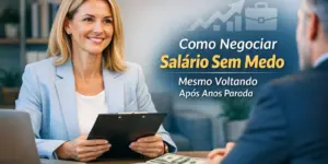 Mulher sorrindo segurando prancheta com dinheiro e laptop na mesa, negociação salarial Brasil 2026