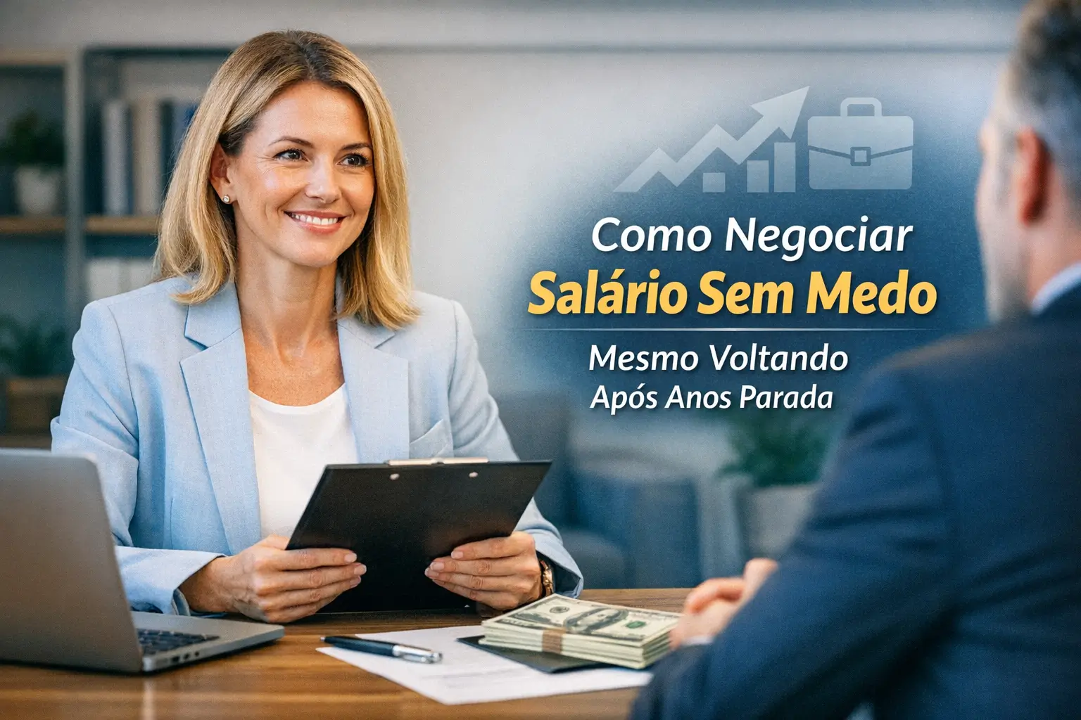 Mulher sorrindo segurando prancheta com dinheiro e laptop na mesa, negociação salarial Brasil 2026