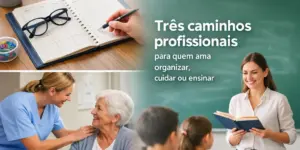 Mesa com calendário, trabalhador da saúde com idosa e professor ensinando crianças