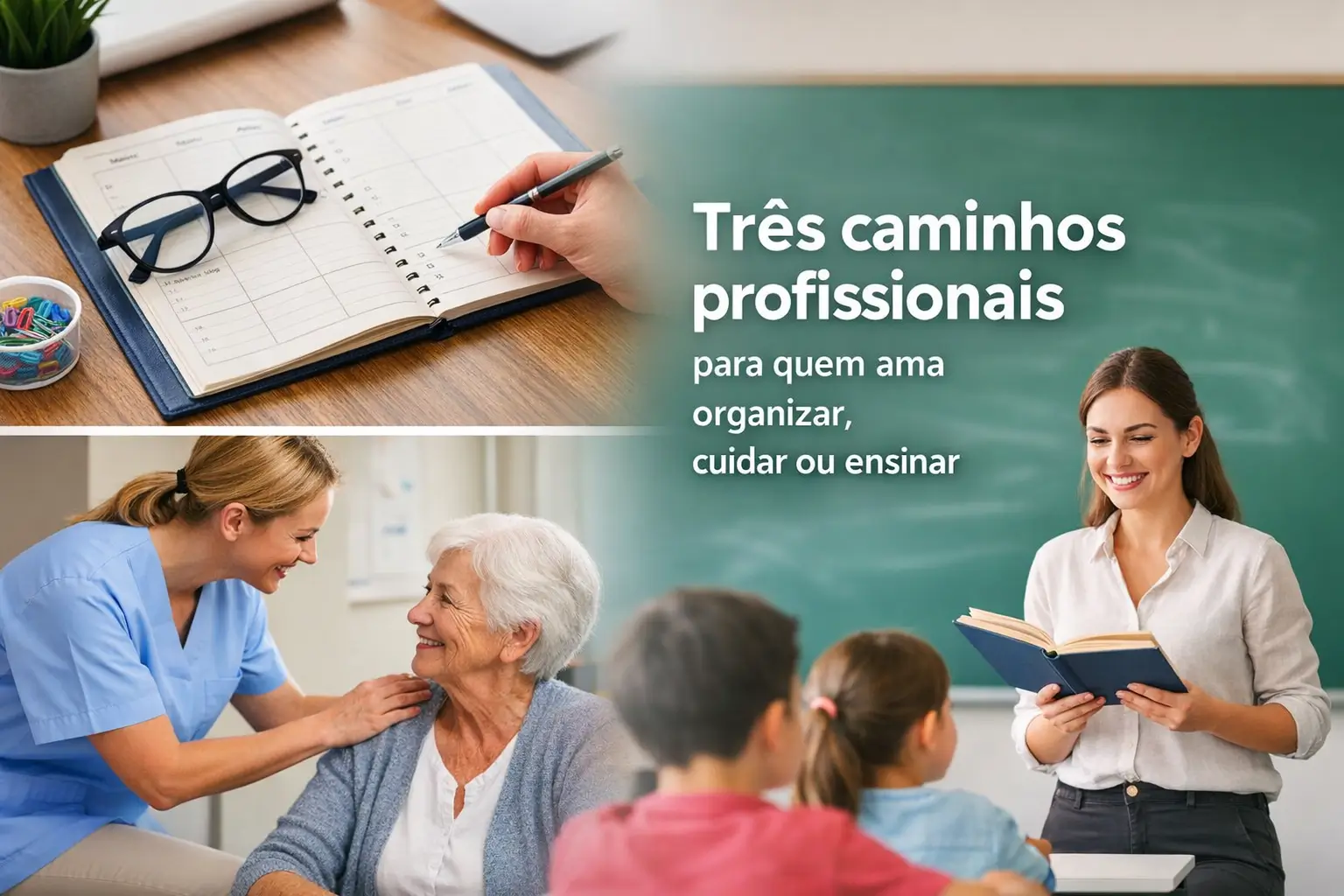 Mesa com calendário, trabalhador da saúde com idosa e professor ensinando crianças