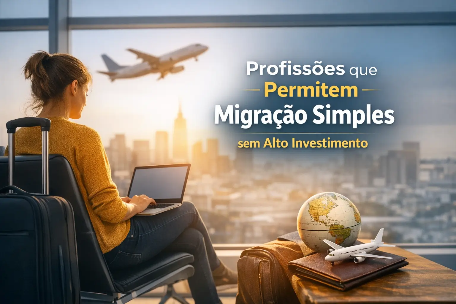 Mulher no lounge do aeroporto com laptop, mala e globo, explorando profissões para migração simples.