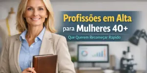 Mulher loira sorrindo segurando caderno em escritório com gráficos e microscópio
