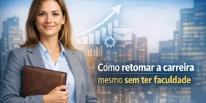 Mulher de blazer cinza segurando pasta com gráficos e ícones ao fundo