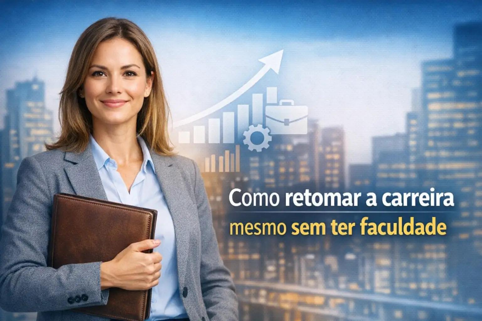 Mulher de blazer cinza segurando pasta com gráficos e ícones ao fundo