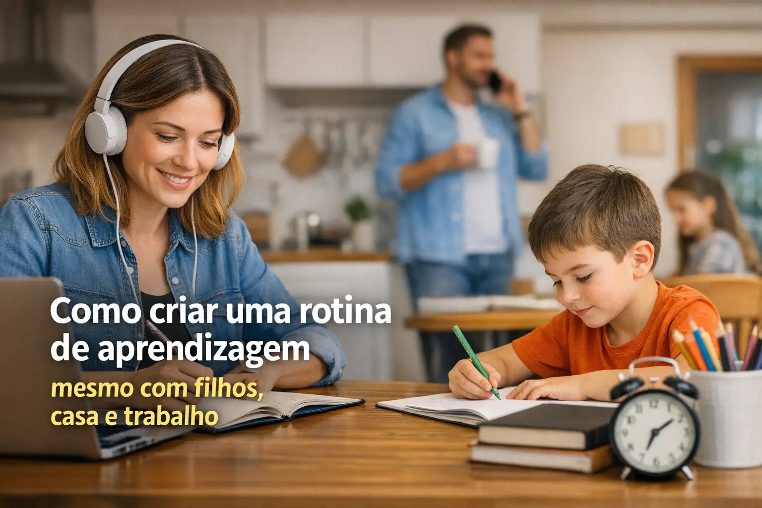Mulher com fones sorrindo ao laptop enquanto menino escreve com lápis verde