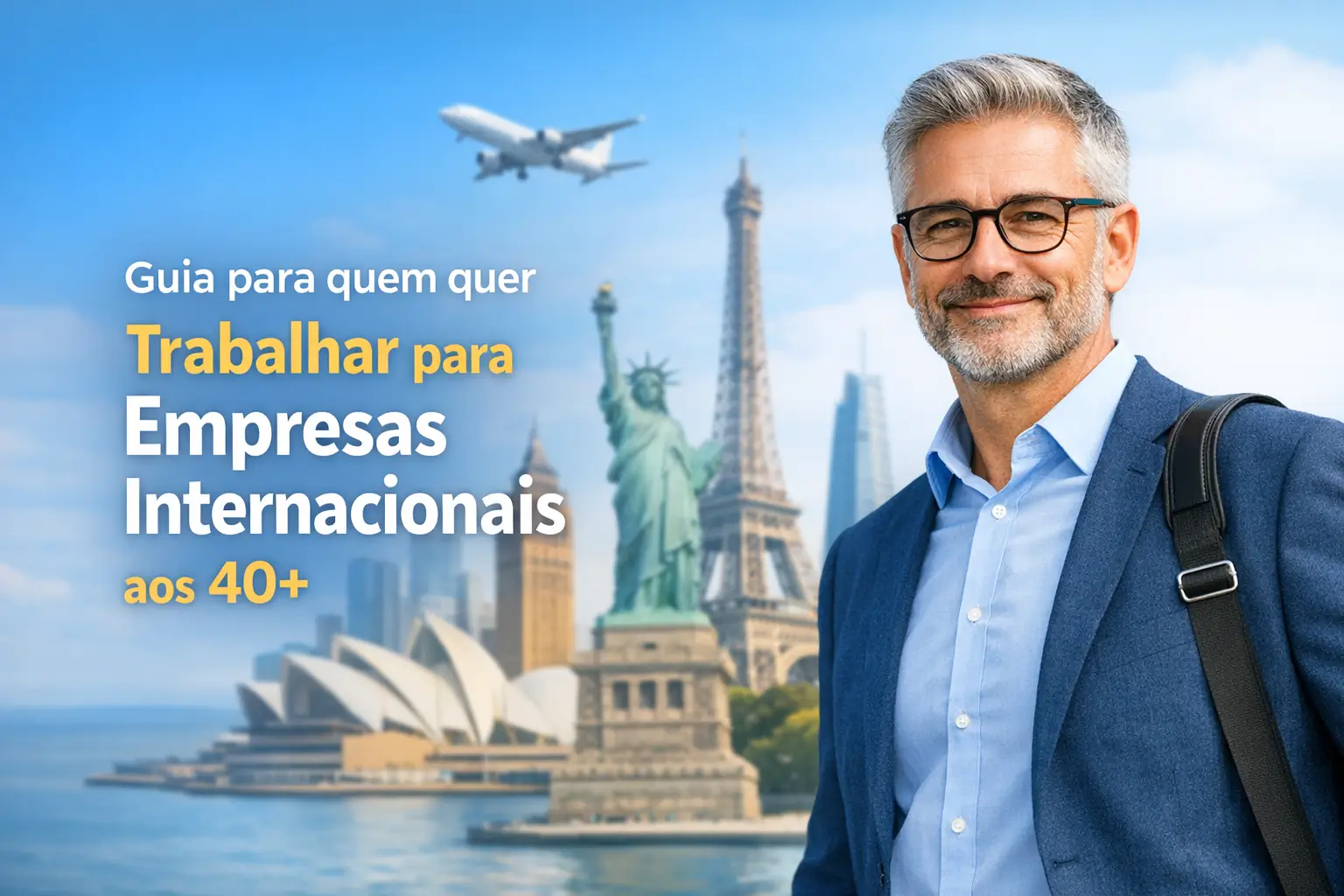 Homem sorridente com terno azul contra fundo com marcos globais e avião no céu