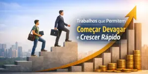 Dois homens em escadas simbolizando crescimento financeiro em uma cidade.