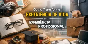 Mesa com objetos como notebook, câmera vintage, óculos e passaporte, destacando educação e carreira.