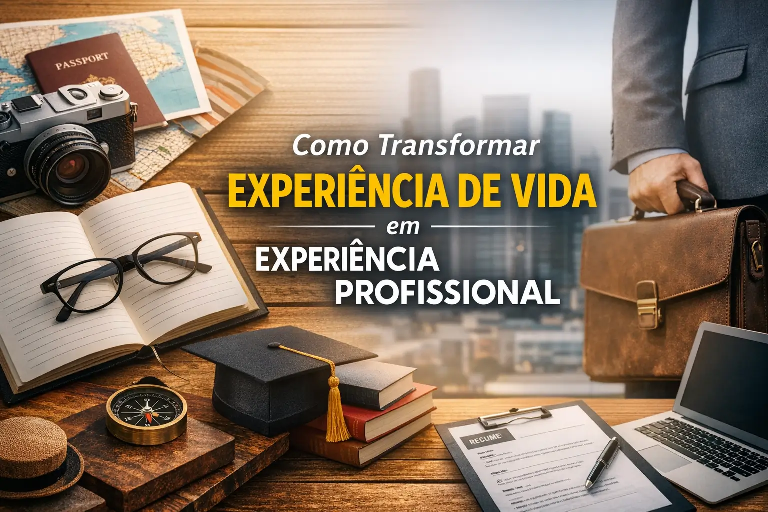 Mesa com objetos como notebook, câmera vintage, óculos e passaporte, destacando educação e carreira.
