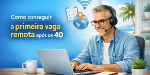Homem sorridente com óculos e fones trabalhando em laptop com fundo tropical azul.