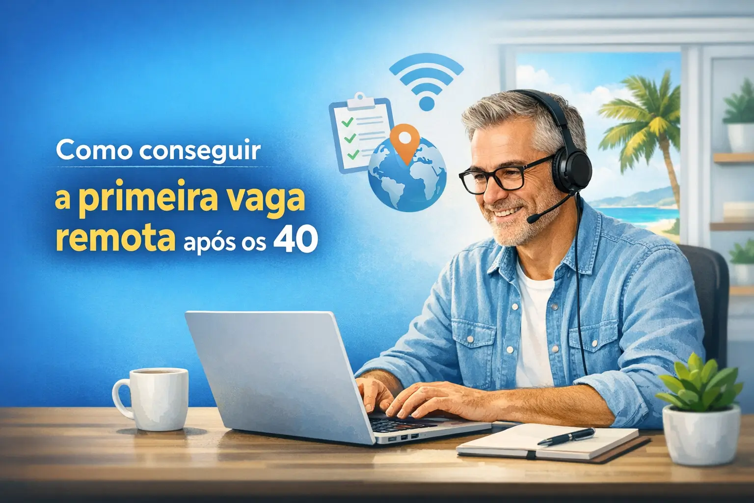 Homem sorridente com óculos e fones trabalhando em laptop com fundo tropical azul.