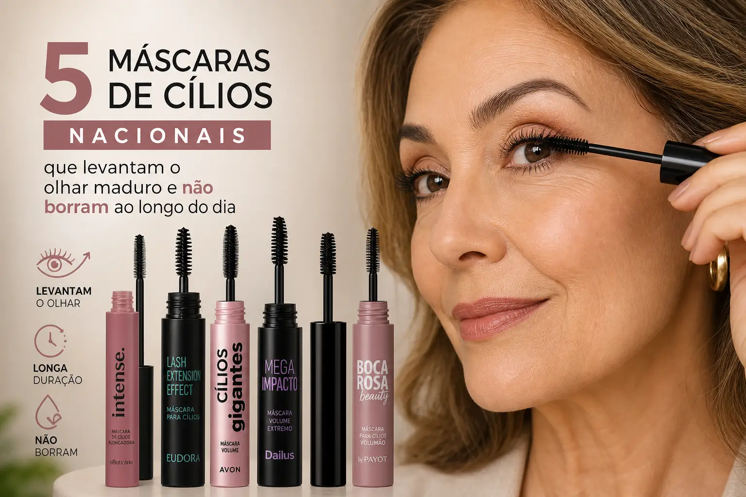 Mulher aplicando rímel preto com máscaras de cílios em fundo publicitário
