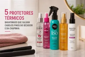 Cinco protetores térmicos coloridos para cabelo em bancada de mármore