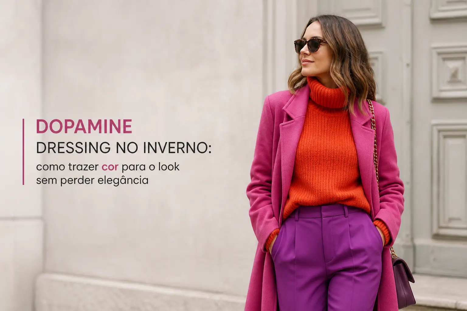 Mulher em look colorido com blazer rosa, suéter laranja e calça roxa