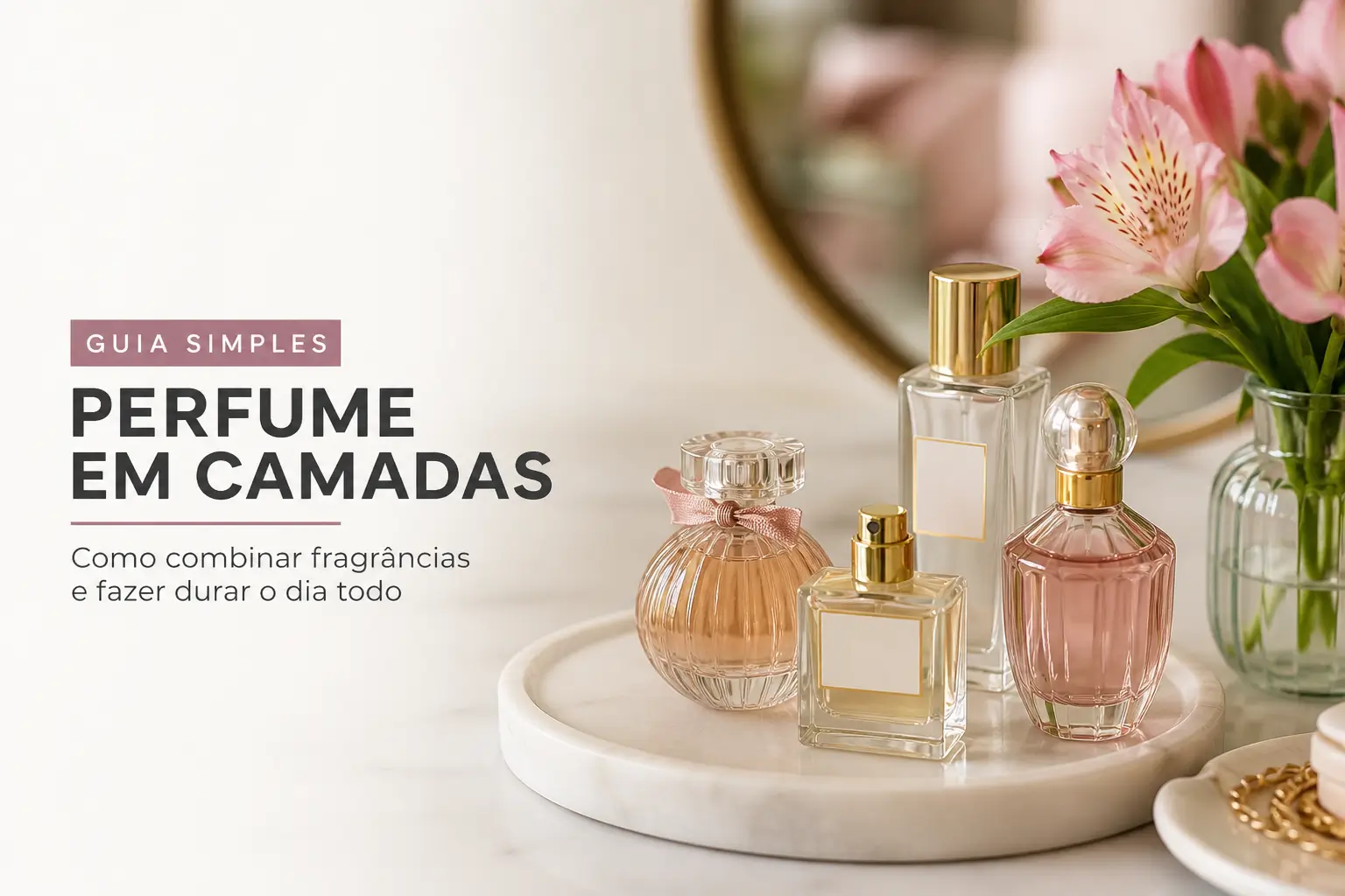 Frascos de perfume luxuosos e delicadas flores rosas