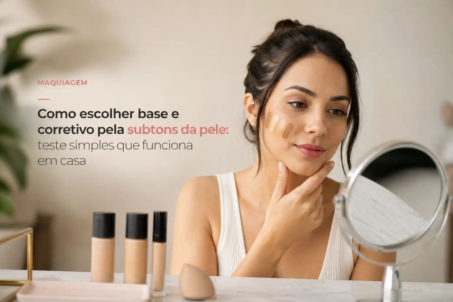 Mulher aplicando maquiagem, vários tons de base na mesa