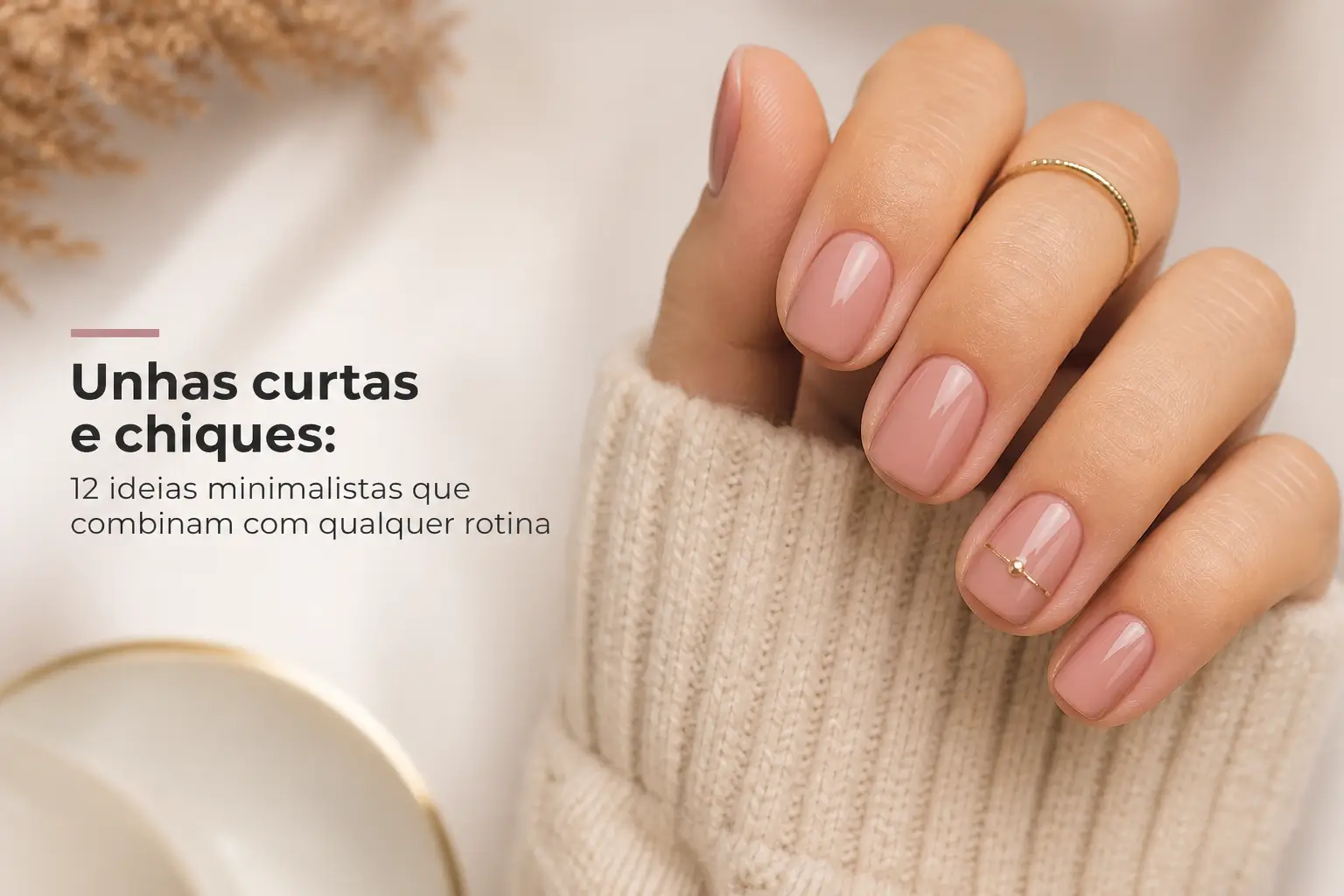 Mão com unhas curtas e anel de ouro sobre suéter creme